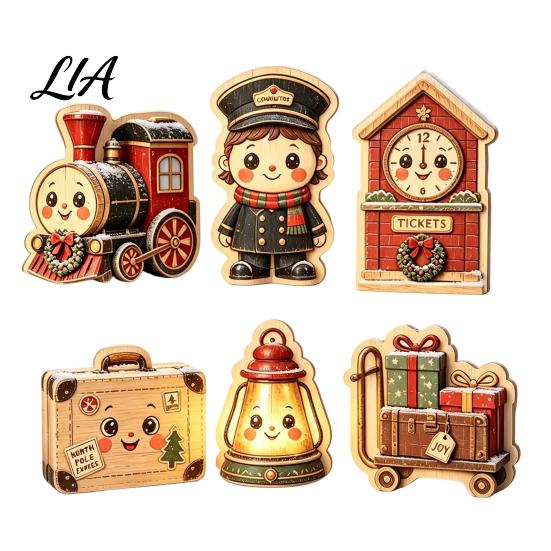 Retro Style Wooden Decorations 6Pcs Christmas Tabletop Signs, Xmas Sign Decor, Santa Indoor Party Supplies Snowman Reindeer Gingerbread House