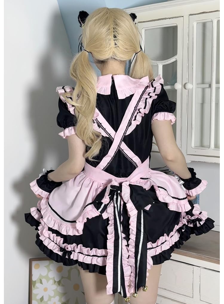 Maid Gothic Waitress Cosplay Costume with Frilled Lolita Neat and Perfect for Cafes and Amusement Short Black and Pink Ear Size [Shangki