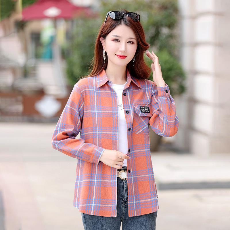 Women's Medium Length Striped Shirt Stand-up Plaid Shirt Casual Loose Shirt Office Shirt
