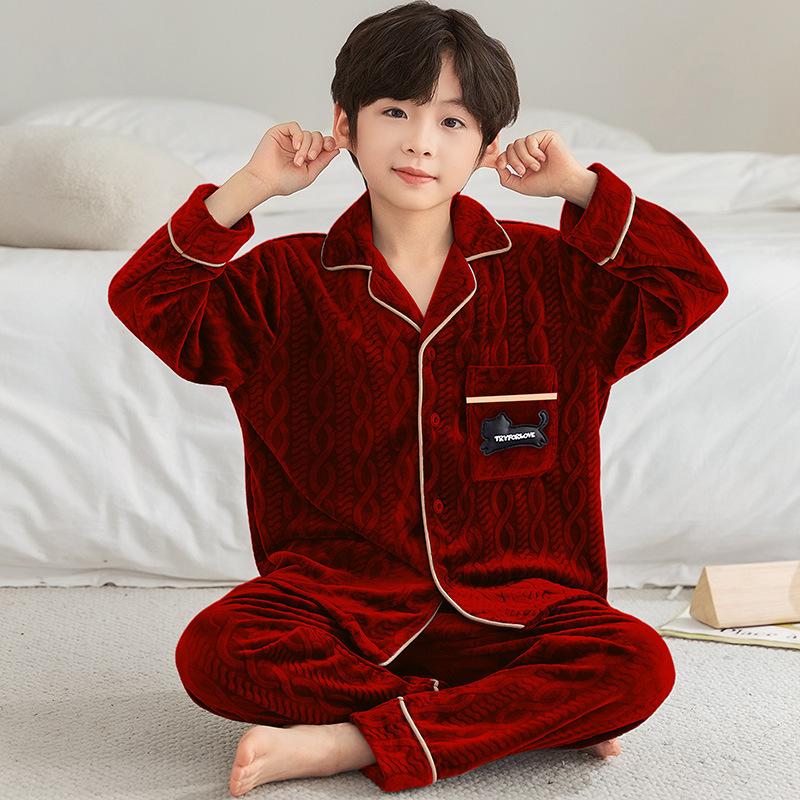 Kids Flannel Pajamas Set Boys Girls Warm Long Sleeve Top And Pants Sleepwear Winter Home Nightwear