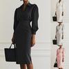 2025 Осень Весна Женское платье-рубашка с V-образным вырезом модное офисное леди однотонное с длинным рукавом облегающее бедра платья макси черное Vestidos Женское