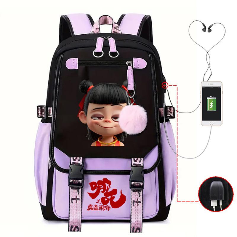 Мультяшный рюкзак Nezha многофункциональный с портом USB-зарядки для студентов