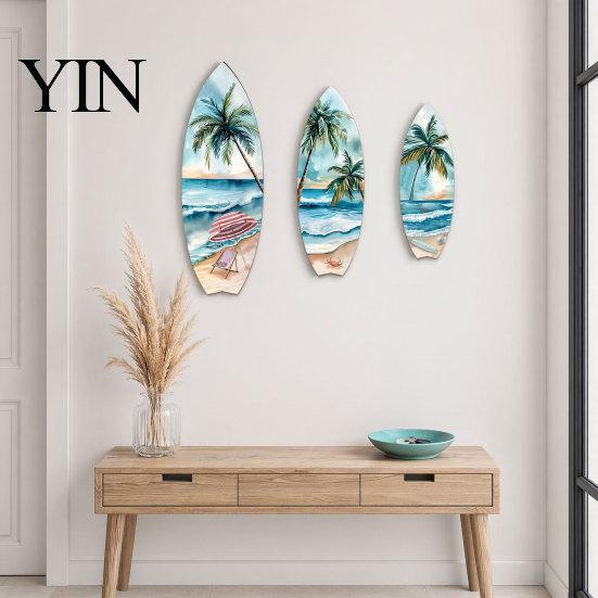 Multi-layer Polished Wood Art 3Pcs Wooden Surfboard Wall Decor, Natural Hanging Sign, Eco-friendly Sculpture Lightweight Tropical Summer Theme