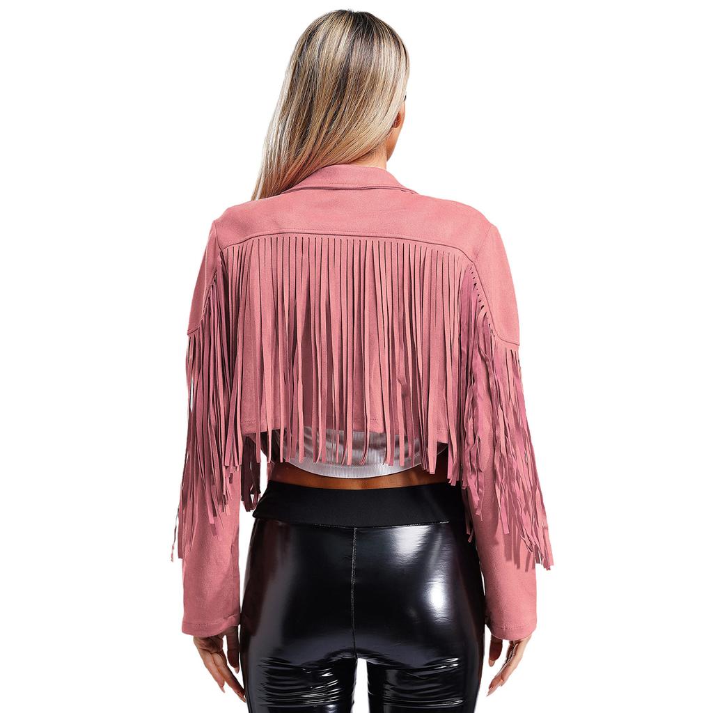 Womens 80s Hippie Cowgirl Fringe Cropped Jacket Open Front Outerwear