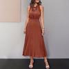 Women's Boho Midi Dress Summer V Neck Tie Strap Sleeveless Pleated Swing Dress Casual Flowy A-Line Beach Sundress
