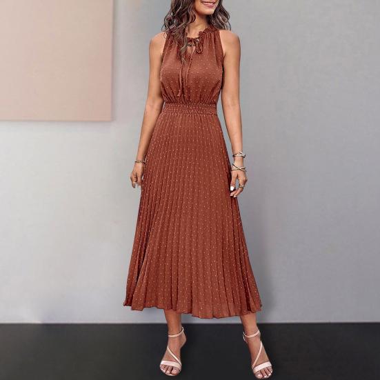 Women's Boho Midi Dress Summer V Neck Tie Strap Sleeveless Pleated Swing Dress Casual Flowy A-Line Beach Sundress