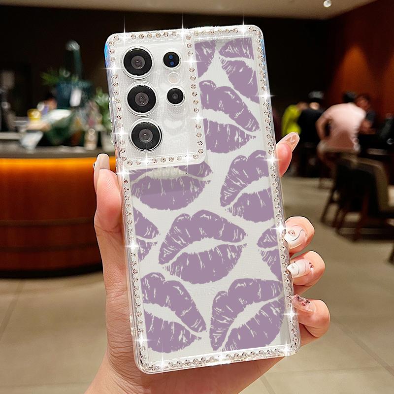 Мягкий силиконовый чехол с принтом в виде губ и ромбовидной рамкой для Samsung S25 Edge S24 FE S23 Ultra S22 A16 A56 A36 A15 A55 A35, прозрачный противоударный чехол для телефона
