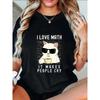 Oversize Women's Short-Sleeve T-Shirt with Sunglasses Cat, Math Formulas & "I LOVE MATH" Text Print
