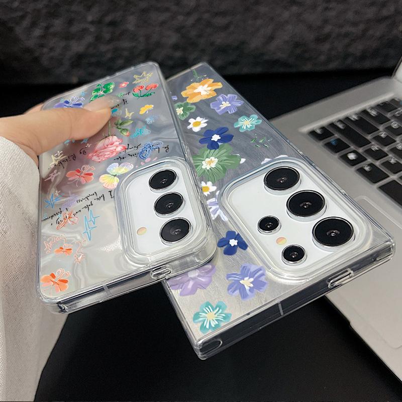 Чехол-накладка из мягкого блестящего полиуретана с цветочным принтом для Samsung S25 Ultra S24 FE S23 A36 A56 A16 A55, тонкий, ударопрочный, жесткий чехол для телефона из ПК с перьями