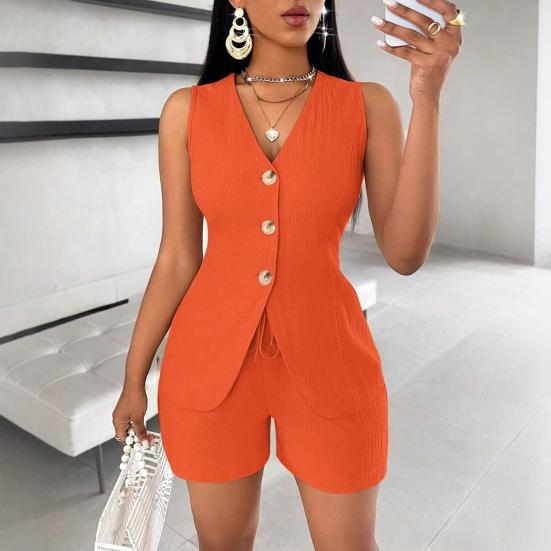 Женский летний комплект из 2 предметов без рукавов с V-образным вырезом и пуговицами, жилет, топ, шнуровка, шорты, повседневный офисный женский деловой костюм