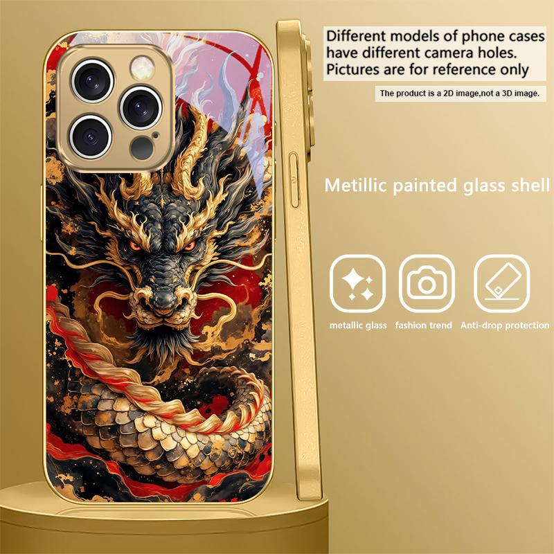 Величественный Восточный Дракон Для iPhone Air 16E 15PRO 14 13 Plus 12 mini 11 17 Pro Max XR 16E 17ProMax 17Pro Золотой стеклянный чехол для телефона