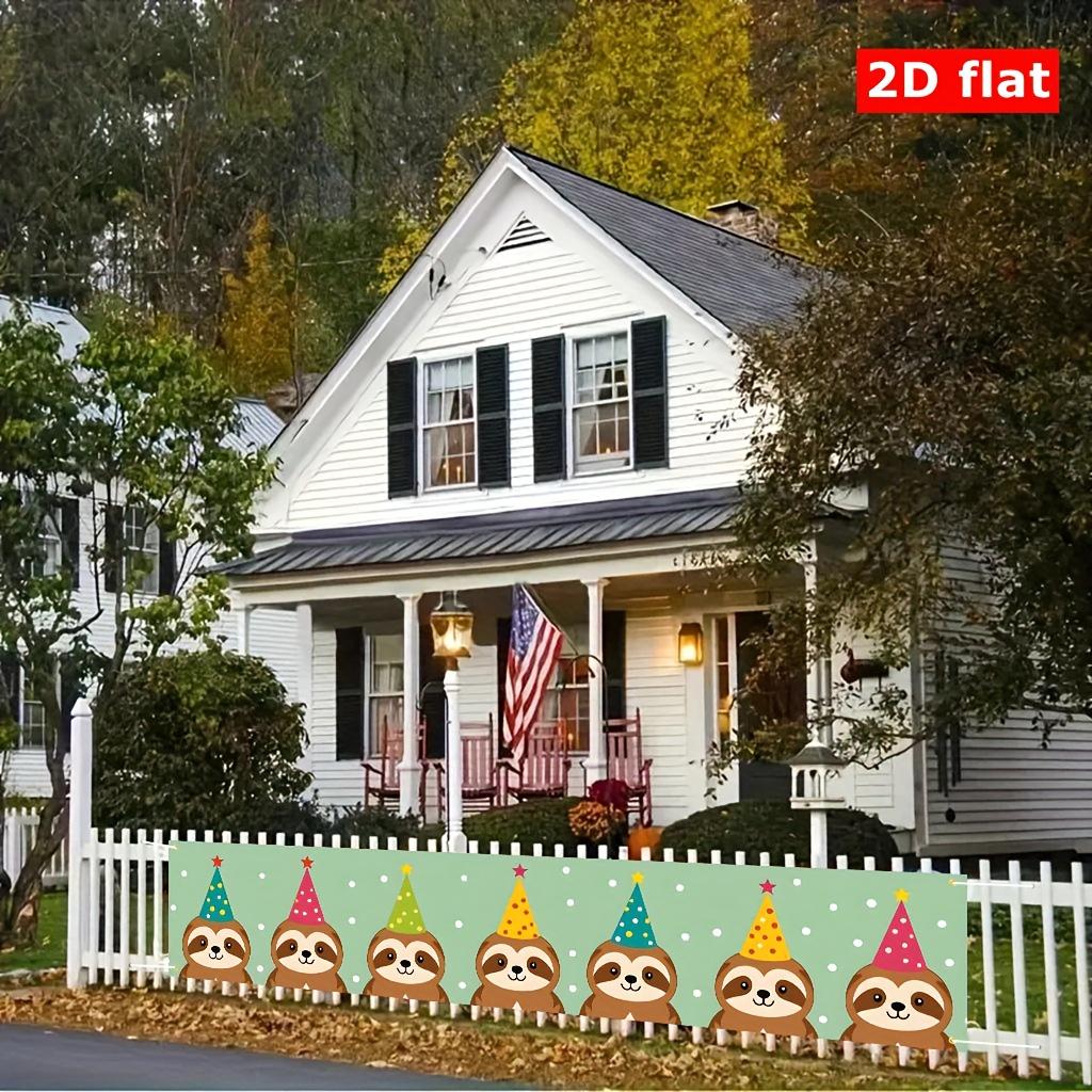 Group of Cartoon Sloths Wearing Party Hats Banner, Outdoor Backdrop Design, Polyester Birthday Anniversary Balcony Garden Decoration