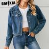 Autumn Winter Solid Color Print Washed Denim Short Jacket with Long Sleeves for Women Jackets & Coats