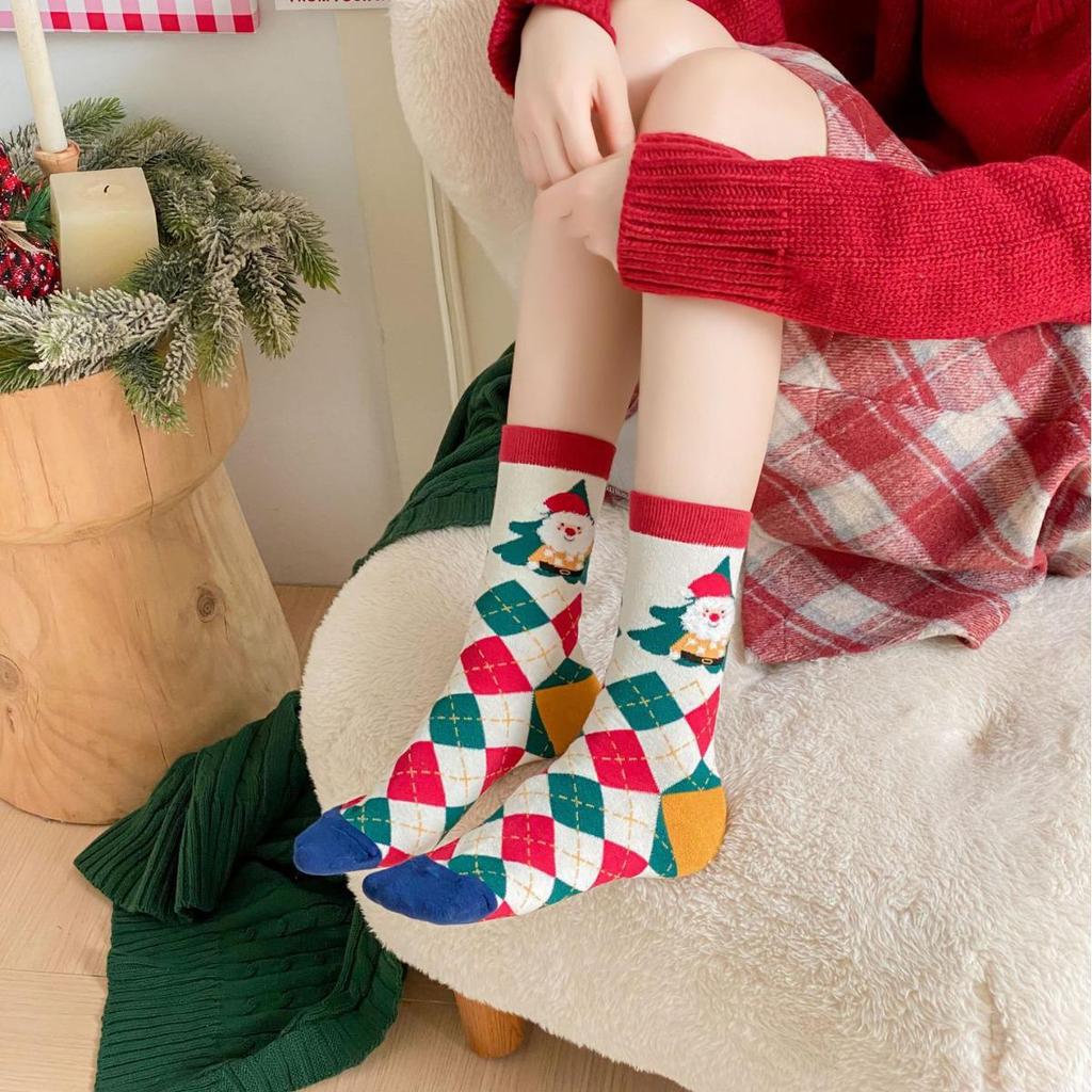 European & American Christmas Cartoon Santa Socks - Unisex Autumn/Winter Mid-Tube Cotton In Red