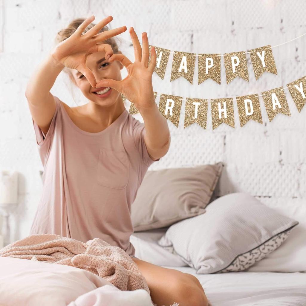 Pre-strung Happy Birthday Banner - No DIY - Gold Glitter Birthday Party Banner - Pre-strung Garland on 6 ft Strands - Gold Bday Party Decorations &