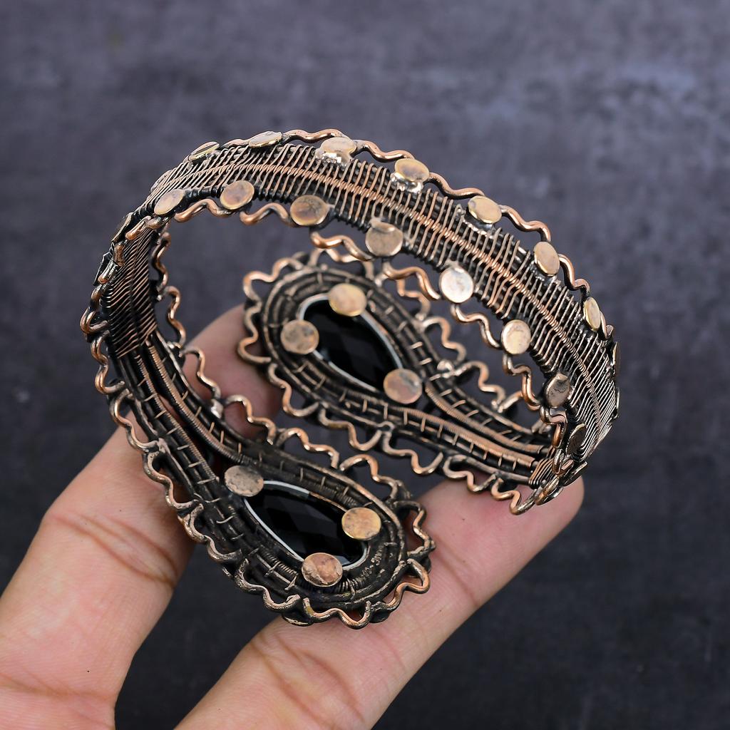 Black Spinel Gemstone Handmade Copper Wire Wrap Cuff Bangle Adjustable H6c42