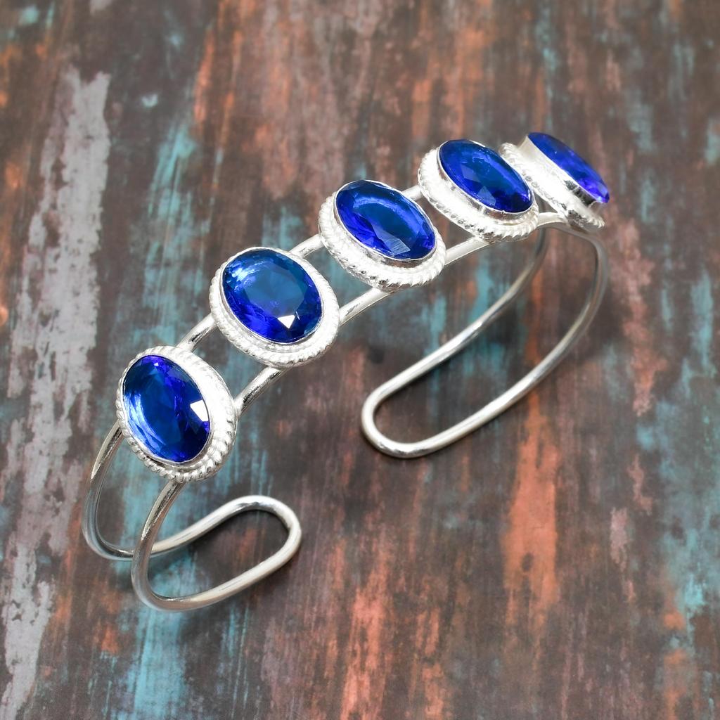 Лондонский голубой топаз, драгоценный камень, ювелирный браслет ручной работы из стерлингового серебра 925 пробы, регулируемый на День Благодарения