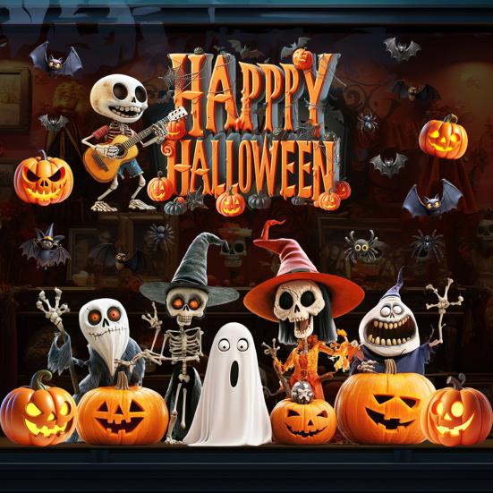 Хэллоуин Наклейка на окно Водонепроницаемый ПВХ Гитара Скелет Призрак Тыква Паук Летучая мышь Статическая наклейка на стекло Праздничное украшение для вечеринки Декаль