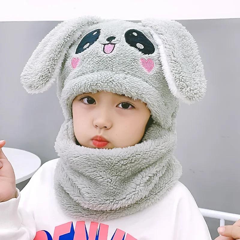 1-12Y Winter Cartoon Rabbit Coral Velvet Cap Plush Balaclava Kids Caps Double Fleece Baby Scarf Hat Baby Accessories