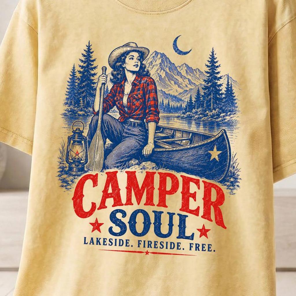 Camper Soul Vintage T-Shirt and kids tshirt | Retro Outdoorsy Lakeside Fireside Free Adventure Graphic Tee | Mountain Canoe Women's Camping Gift