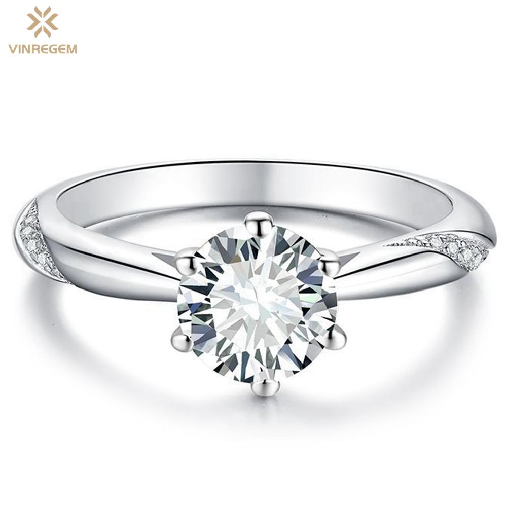 Vinregem Кольцо из стерлингового серебра 925 пробы с бриллиантом VVS1 1-5CT, настоящий муассанит D цвета, круглое кольцо с драгоценным камнем, свадебное обручальное ювелирное изделие