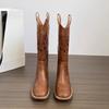 Модная женская обувь Коричневые ретро ковбойские сапоги в западном стиле 2025 Новые женские сапоги Вышитые рыцарские сапоги для женщин Толстый каблук Модные сапоги