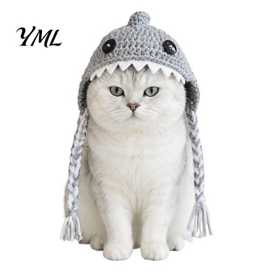 Pet Photography Props Funny Shark Cat Hat, Crocheted Hat with Braided Straps, Soft Cute Knitted for Cats Small Dogs Puppy Headwear