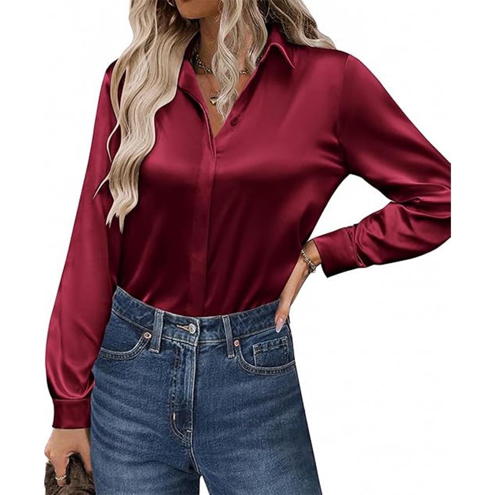 Атласные блузки для женщин, повседневные шелковые рубашки с длинным рукавом, нарядные деловые туники для работы, топы
