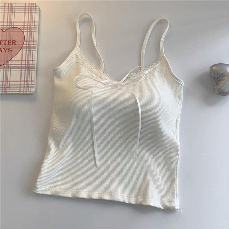 Элегантный майка-топ с кружевной отделкой и вставными чашечками: С открытой спиной, с бантом, для женщин