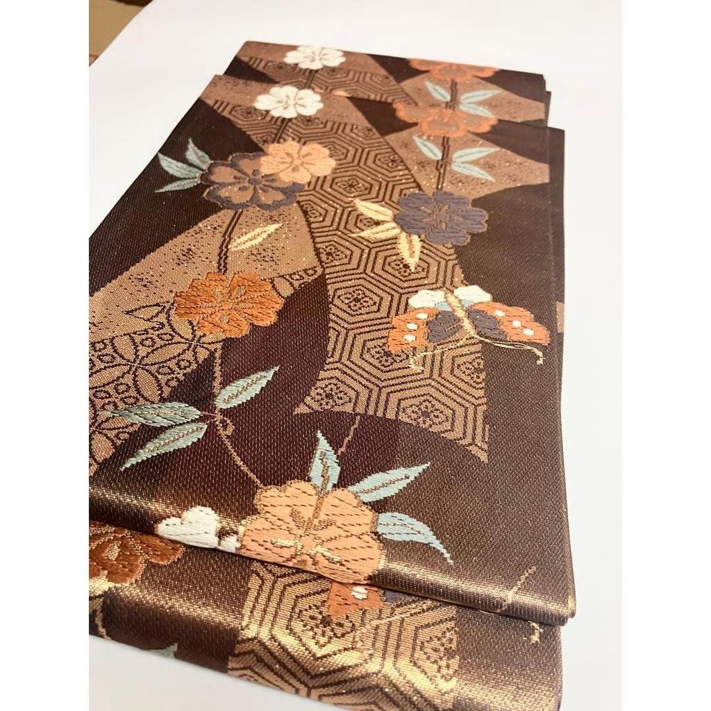 Used Four-inch obi (half-width obi), cherry blossom and butterfly pattern, gold thread, can be used on both sides, pure silk