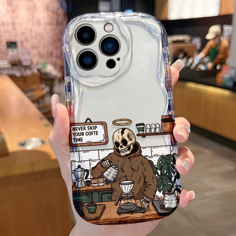 Funny Skeleton Coffee Bar Wave Phone Case for iPhone 17 Air 16 E 15 14 Plus 13 12 Mini 11 Pro Max Liquid Silicone Covers Funda