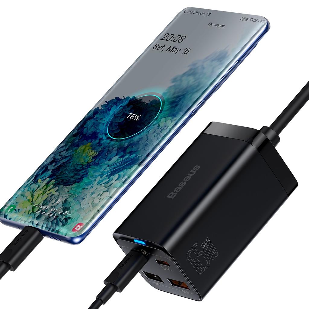Быстрое настенное зарядное устройство GaN3 Pro 2x USB-C / 2x USB 65 Вт PD QC + USB-C кабель 1м Черный