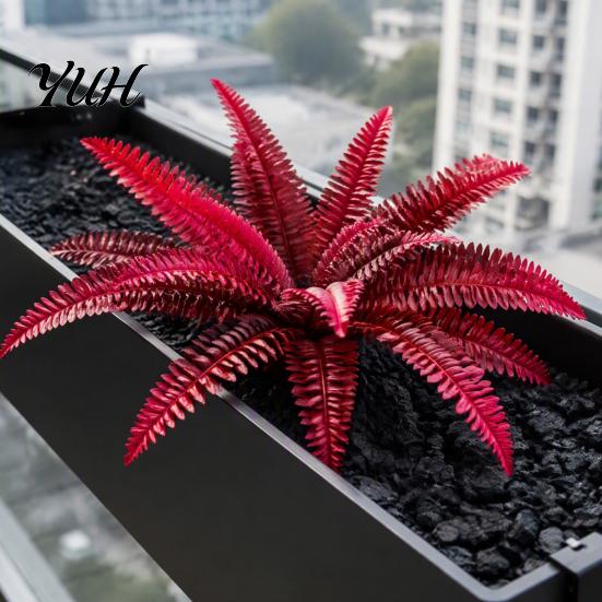 Weather Resistant Plastic Plants Artificial Fall Fern Plants, 18 Heads Autumn Orange Fake Persian Tropical Style Garden Ornaments Greenery Bushes,