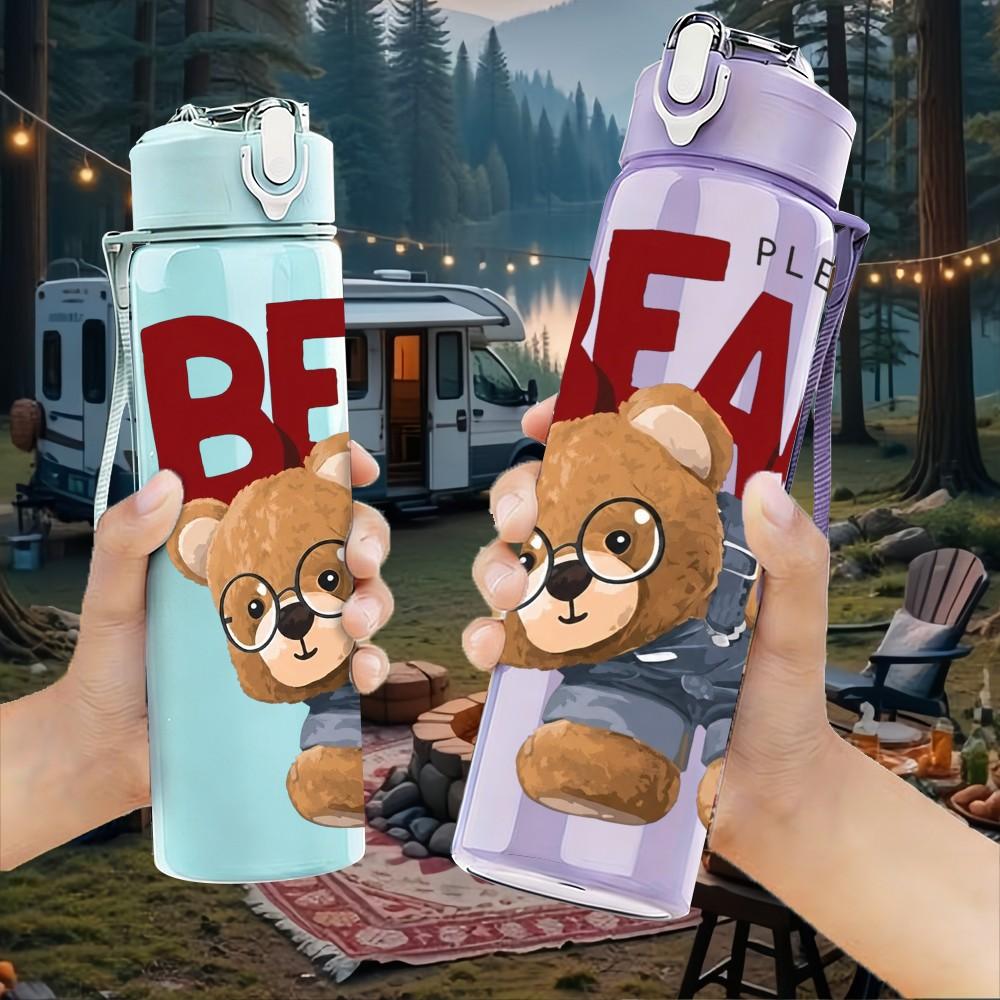1PC Classic Bear Letter Art 750ml Color Plastic Sports Water Bottle Leakproof Flip Straw Lid Suitable for Sports Office Home Use