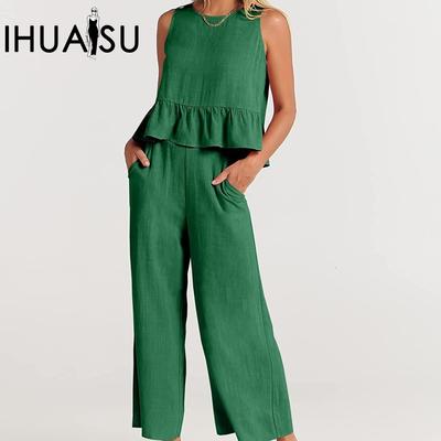 Летний женский плиссированный жилет без рукавов, широкие брюки с девятью точками, повседневный костюм