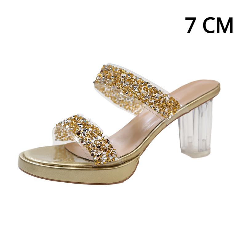 Женские босоножки на высоком блочном каблуке. Шлепанцы на платформе. Женские шлепанцы на массивном каблуке. Летние модельные туфли с квадратным открытым носком. Горный хрусталь. Шлепанцы с двумя ремешками.