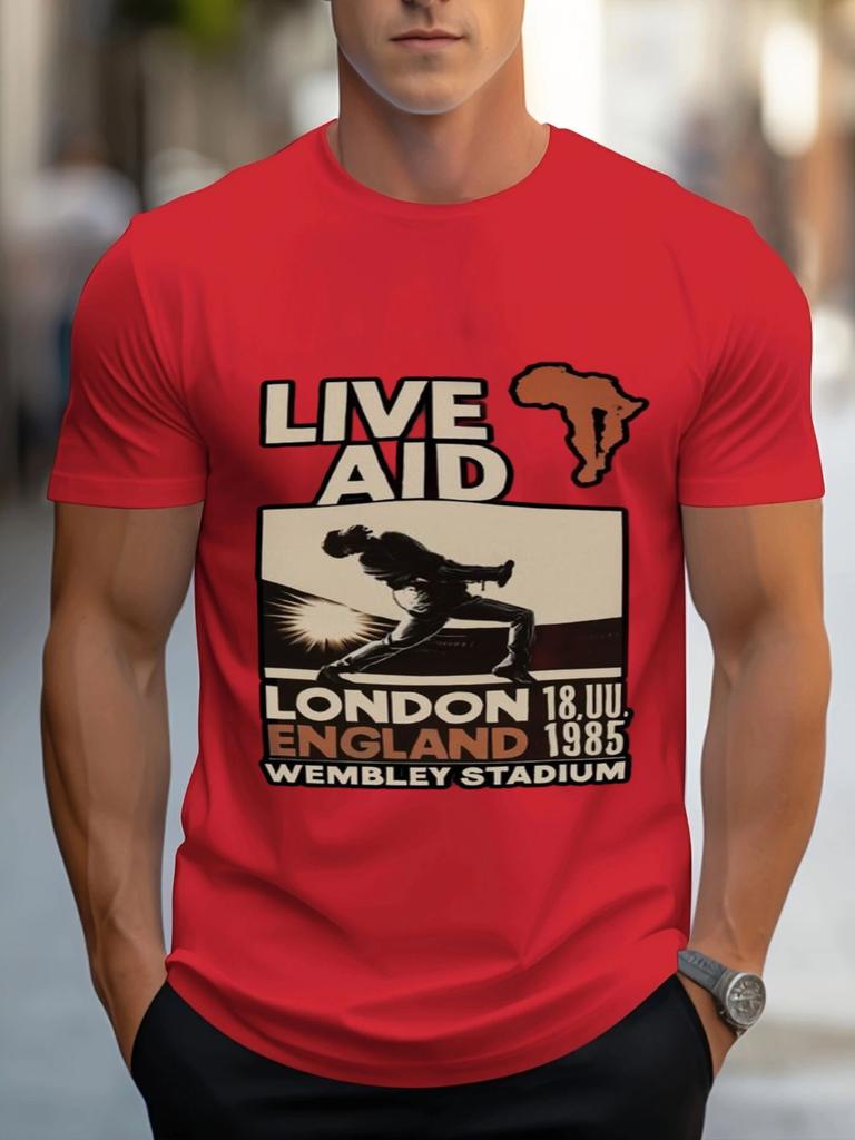 Retro Live Aid 1985 London Wembley Stadium Themed Printed Tshirt Featuring African Silhouette And Guitar Pattern Vintage Top