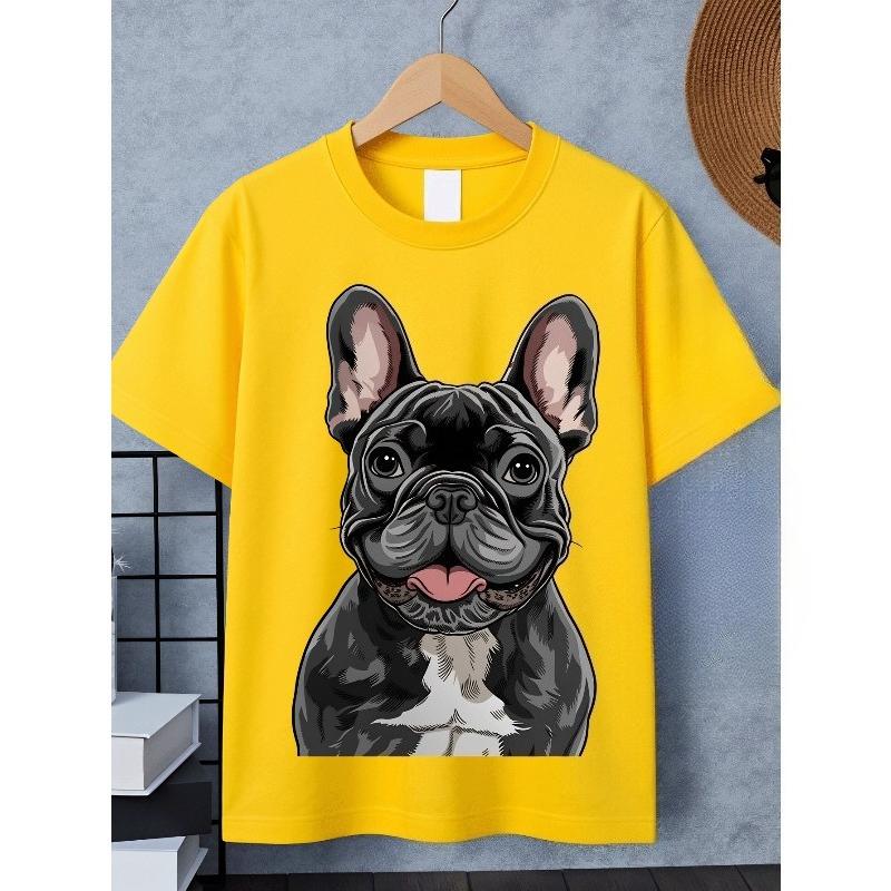 European sizes Boys' T-shirt French Bulldog Portrait Art Print, Ideal for Outdoor Activities, Soft Knitted Top, Comfortable And Breathable