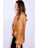Camel Satin Pleated Tied V Neck Puff Sleeve Blouse