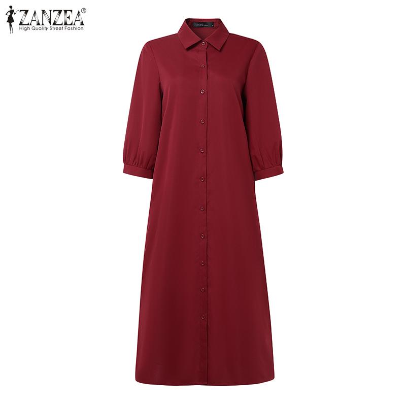 ZANZEA Женское повседневное платье-рубашка с отложным воротником, свободным рукавом 3/4 и однотонным дизайном