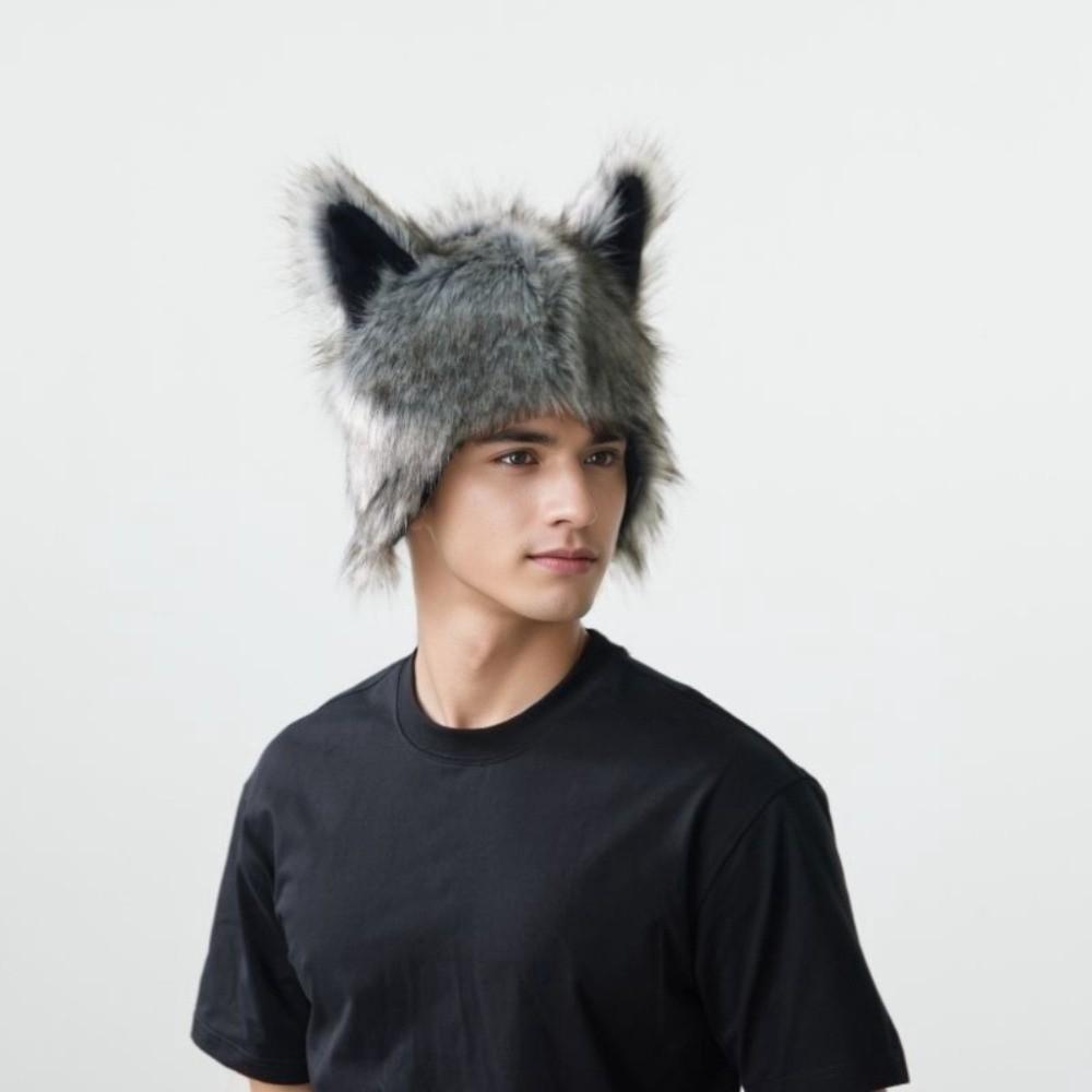 Hairy Werewolf Paw Mitten Grey Halloween Costume Gloves Wolf Hat with Ears Stage Performance