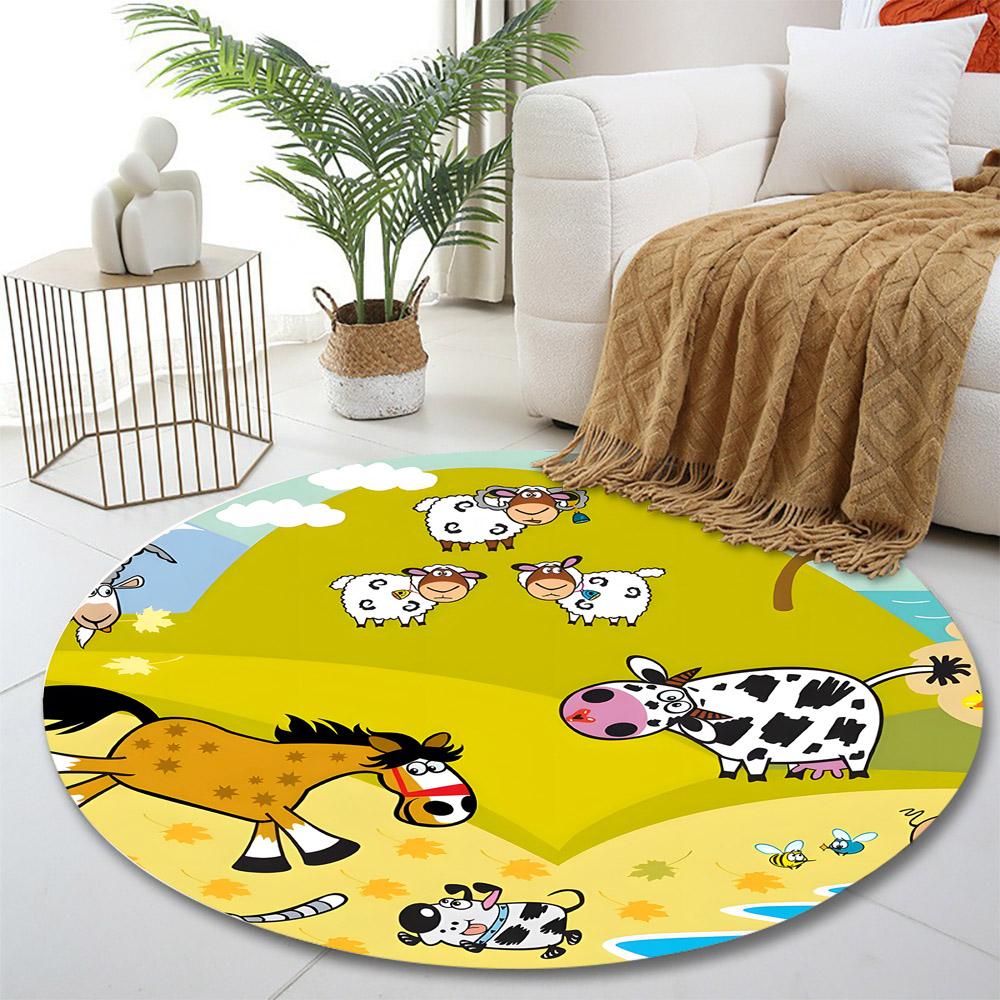 Farm Animals in Cartoon Landscape Print round rug, living room, bedroom, playroom carpet, non slip floor mat, gift
