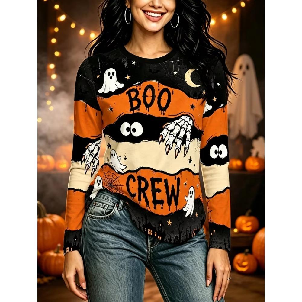 Fashion Women's T-Shirt Halloween Theme Print Tee Casual Autumn Holiday Fashion Long Sleeve T-Shirts Casual Loose Women's Tops