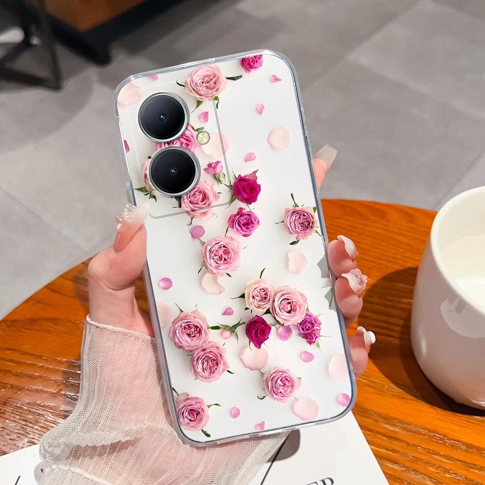 Back Cover For Vivo Y35 Plus V27 Y78 Pro Y02A Plus iQOO Neo8 Case Pretty Flower Pattern Clear Soft Silicone TPU Screen Protector Bumper For Vivo Capas