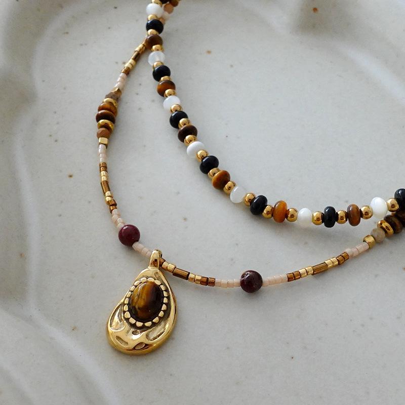 Ожерелье из бисера «Тигровый глаз» с овальным узором Майяра, цепочка для свитера премиум-класса из титановой стали, винтажный кофейный оттенок, натуральный камень, ключичная цепочка