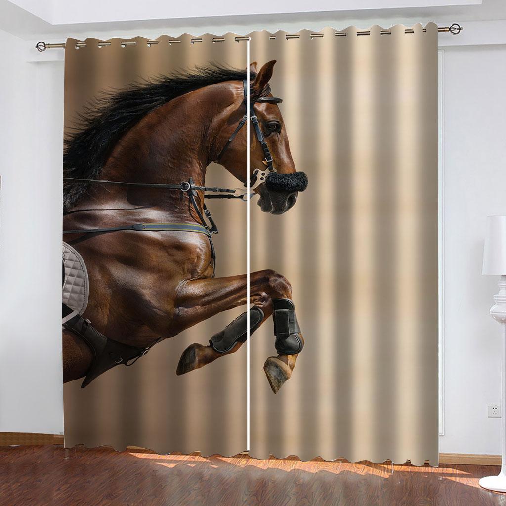Horse With Wooden Door 3D Digital Printing Bedroom Living Room Window Curtains 2 Panels
