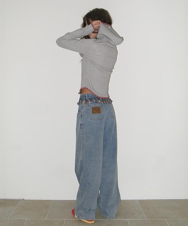 Ronron Check Frill Layered Denim Pants Light Blue