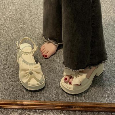 Женская обувь Полные ноги, платформа жемчужный бант босоножки с открытым носком Сказочный стиль маффин Римские туфли