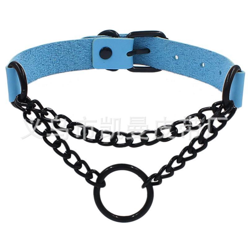 Ожерелье-чокер с круглым кольцом из темной кожи в панк-стиле - Черная цепочка на ключицы