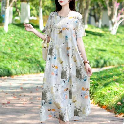 Плюс Размер Элегантное Летнее Повседневное Платье для Женщин Винтажная Одежда Короткий Рукав Свободное Длинное Платье